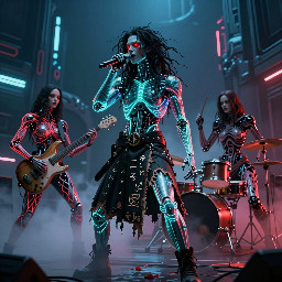 “cyberpunk lovecraft horror band, biomechanical male singer, long dark tangled hair, glowing blood-red eyes, torn rune kilt, three female musicians (guitarist, bassist, drummer), eerie feminine biomechanical bodies, guitarist with biomech guitar (metal + bone + red energy veins), bassist with cybernetic bass integrated into body, drummer fused with organic flesh-machine drum structure, hive-mind aesthetic, dark sci-fi ritual, cinematic low-angle 35mm anamorphic shot, dramatic chiaroscuro lighting, crimson underglow, cyan rim light, volumetric fog, ultra-detailed, shallow depth of field, film grain, chromatic aberration, hyper-realistic, 8k, dystopian cosmic horror”