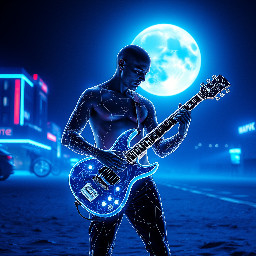 Bald guitar player in the moonlight on the beach