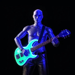 Bald guitar player in the moonlight on the beach
