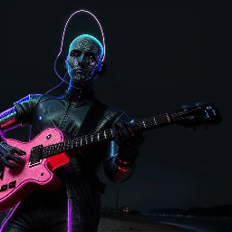 Bald guitar player in the moonlight on the beach