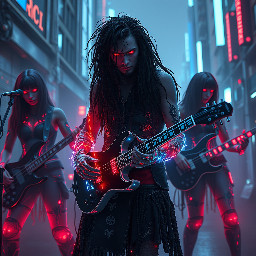 “cyberpunk lovecraft horror band, biomechanical male singer, long dark tangled hair, glowing blood-red eyes, torn rune kilt, three female musicians (guitarist, bassist, drummer), eerie feminine biomechanical bodies, guitarist with biomech guitar (metal + bone + red energy veins), bassist with cybernetic bass integrated into body, drummer fused with organic flesh-machine drum structure, hive-mind aesthetic, dark sci-fi ritual, cinematic low-angle 35mm anamorphic shot, dramatic chiaroscuro lighting, crimson underglow, cyan rim light, volumetric fog, ultra-detailed, shallow depth of field, film grain, chromatic aberration, hyper-realistic, 8k, dystopian cosmic horror”