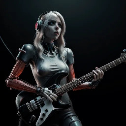 “cyberpunk lovecraft horror band, biomechanical male singer, long dark tangled hair, glowing blood-red eyes, torn rune kilt, three female musicians (guitarist, bassist, drummer), eerie feminine biomechanical bodies, guitarist with biomech guitar (metal + bone + red energy veins), bassist with cybernetic bass integrated into body, drummer fused with organic flesh-machine drum structure, hive-mind aesthetic, dark sci-fi ritual, cinematic low-angle 35mm anamorphic shot, dramatic chiaroscuro lighting, crimson underglow, cyan rim light, volumetric fog, ultra-detailed, shallow depth of field, film grain, chromatic aberration, hyper-realistic, 8k, dystopian cosmic horror”