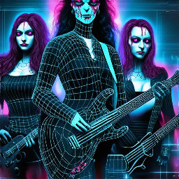 “cyberpunk lovecraft horror band, biomechanical male singer, long dark tangled hair, glowing blood-red eyes, torn rune kilt, three female musicians (guitarist, bassist, drummer), eerie feminine biomechanical bodies, guitarist with biomech guitar (metal + bone + red energy veins), bassist with cybernetic bass integrated into body, drummer fused with organic flesh-machine drum structure, hive-mind aesthetic, dark sci-fi ritual, cinematic low-angle 35mm anamorphic shot, dramatic chiaroscuro lighting, crimson underglow, cyan rim light, volumetric fog, ultra-detailed, shallow depth of field, film grain, chromatic aberration, hyper-realistic, 8k, dystopian cosmic horror”