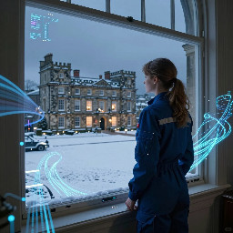 a young woman in a dark blue utility boilersuit standing at a high window of a large elizabethan stately home gazing out over the snow-covered yorkshire dales at night.