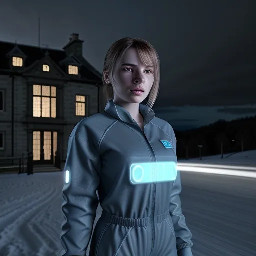 a young woman in a dark blue utility boilersuit standing at a high window of a large elizabethan stately home gazing out over the snow-covered yorkshire dales at night.