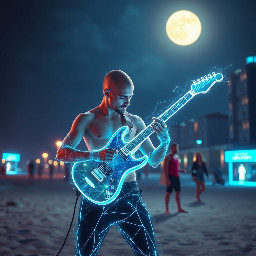 Bald guitar player in the moonlight on the beach