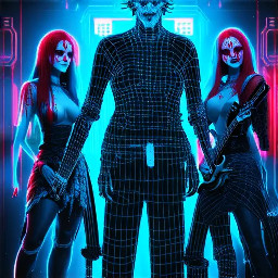 “cyberpunk lovecraft horror band, biomechanical male singer, long dark tangled hair, glowing blood-red eyes, torn rune kilt, three female musicians (guitarist, bassist, drummer), eerie feminine biomechanical bodies, guitarist with biomech guitar (metal + bone + red energy veins), bassist with cybernetic bass integrated into body, drummer fused with organic flesh-machine drum structure, hive-mind aesthetic, dark sci-fi ritual, cinematic low-angle 35mm anamorphic shot, dramatic chiaroscuro lighting, crimson underglow, cyan rim light, volumetric fog, ultra-detailed, shallow depth of field, film grain, chromatic aberration, hyper-realistic, 8k, dystopian cosmic horror”
