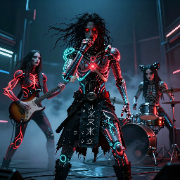 “cyberpunk lovecraft horror band, biomechanical male singer, long dark tangled hair, glowing blood-red eyes, torn rune kilt, three female musicians (guitarist, bassist, drummer), eerie feminine biomechanical bodies, guitarist with biomech guitar (metal + bone + red energy veins), bassist with cybernetic bass integrated into body, drummer fused with organic flesh-machine drum structure, hive-mind aesthetic, dark sci-fi ritual, cinematic low-angle 35mm anamorphic shot, dramatic chiaroscuro lighting, crimson underglow, cyan rim light, volumetric fog, ultra-detailed, shallow depth of field, film grain, chromatic aberration, hyper-realistic, 8k, dystopian cosmic horror”