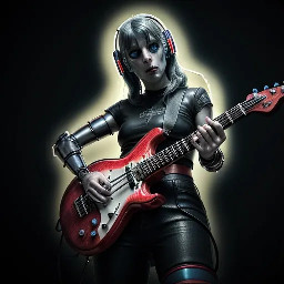 “cyberpunk lovecraft horror band, biomechanical male singer, long dark tangled hair, glowing blood-red eyes, torn rune kilt, three female musicians (guitarist, bassist, drummer), eerie feminine biomechanical bodies, guitarist with biomech guitar (metal + bone + red energy veins), bassist with cybernetic bass integrated into body, drummer fused with organic flesh-machine drum structure, hive-mind aesthetic, dark sci-fi ritual, cinematic low-angle 35mm anamorphic shot, dramatic chiaroscuro lighting, crimson underglow, cyan rim light, volumetric fog, ultra-detailed, shallow depth of field, film grain, chromatic aberration, hyper-realistic, 8k, dystopian cosmic horror”