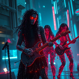 “cyberpunk lovecraft horror band, biomechanical male singer, long dark tangled hair, glowing blood-red eyes, torn rune kilt, three female musicians (guitarist, bassist, drummer), eerie feminine biomechanical bodies, guitarist with biomech guitar (metal + bone + red energy veins), bassist with cybernetic bass integrated into body, drummer fused with organic flesh-machine drum structure, hive-mind aesthetic, dark sci-fi ritual, cinematic low-angle 35mm anamorphic shot, dramatic chiaroscuro lighting, crimson underglow, cyan rim light, volumetric fog, ultra-detailed, shallow depth of field, film grain, chromatic aberration, hyper-realistic, 8k, dystopian cosmic horror”